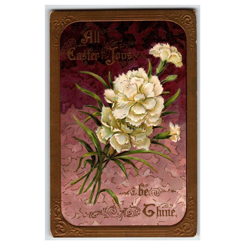 Vintage Embossed Easter Postcard White Carnations Flowers Gold German 1908